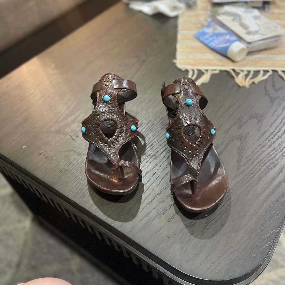 Frye Brown Leather Sandals with Turquoise Studs